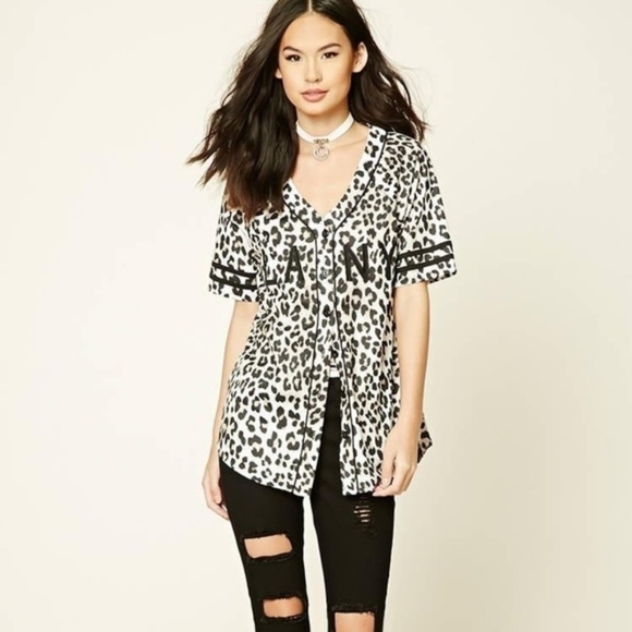 NWT Forever 21 Leopard NY LA 98' Baseball Jersey Size Large - Picture 1 of 4